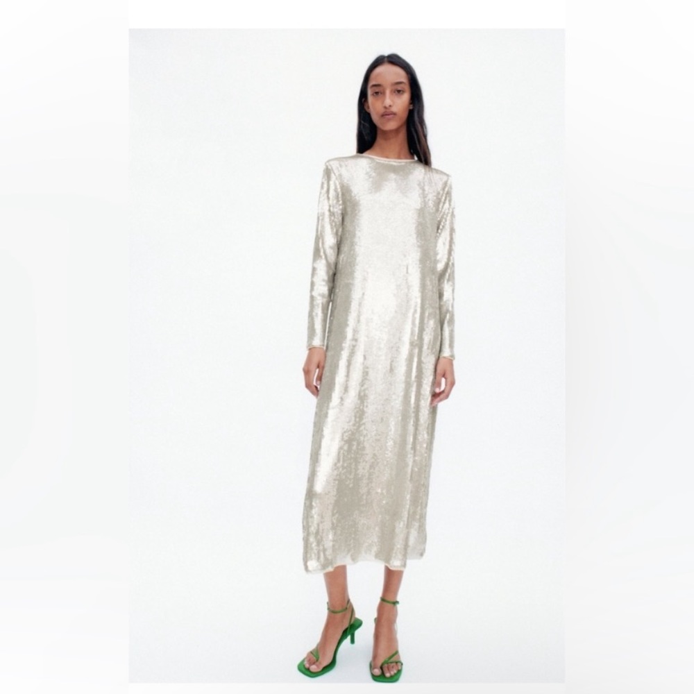 NWT ZARA Sequin Dress Silver MIDI Medium